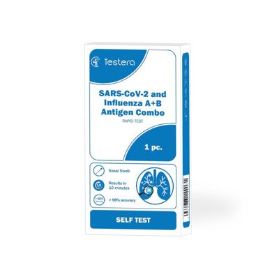 3in1 TESTERA, SARS-CoV-2 + Gripo A/B sudėtinis antigenų testas, 1 vnt