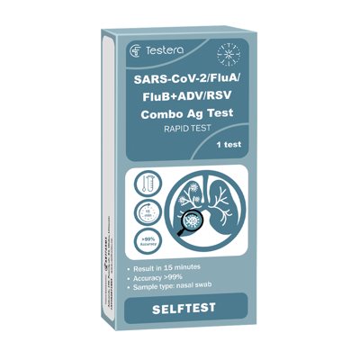 5in1 TESTERA, kombinuotas SARS-CoV-2, gripo A ir B, ADV ir RSV antigenų testas, 1 vnt