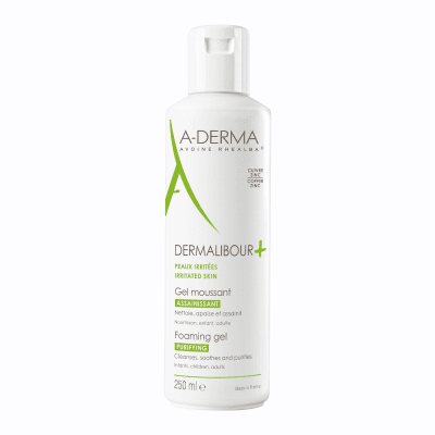 A-DERMA atstatomasis prausimosi gelis sudirgusiai veido ir kūno odai DERMALIBOUR+, 250 ml