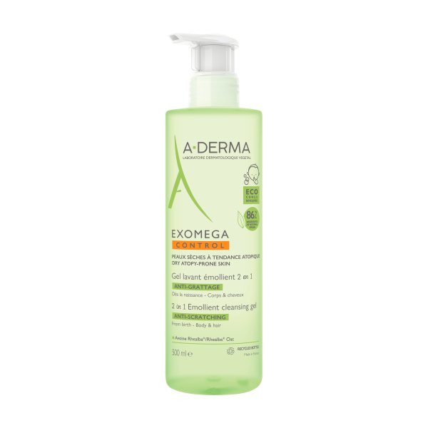 A-DERMA veido, kūno ir plaukų prausimosi gelis-emolientas EXOMEGA CONTROL 2IN1, 500 ml