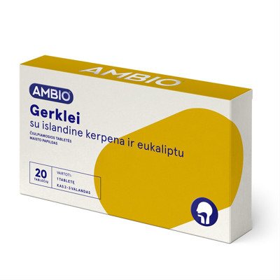 AMBIO GERKLEI SU ISLANDINE KERPENA IR EUKALIPTU, 20 čiulpiamųjų tablečių