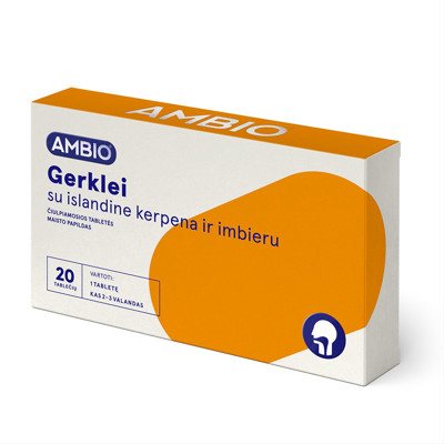 AMBIO GERKLEI SU ISLANDINE KERPENA IR IMBIERU, 20 čiulpiamųjų tablečių (galioja iki 2026.10.31)
