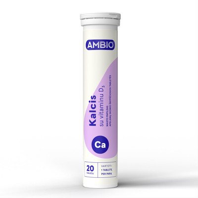 AMBIO KALCIS SU VITAMINU D3 (APELSINŲ SKONIO), 20 šnypščiujų tablečių