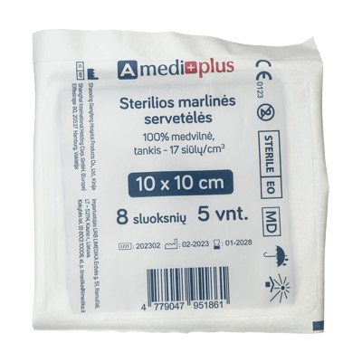 AMEDIPLUS, servetėlės sterilios marlinės, 8 sluoksnių N5, 10 x 10 cm