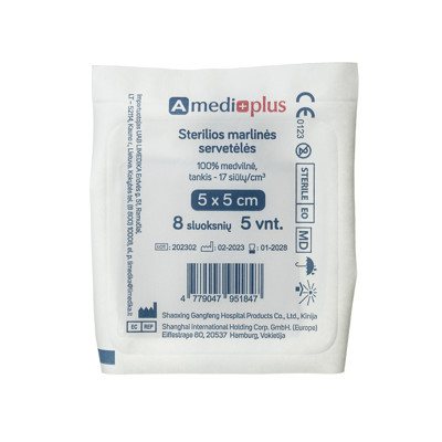 AMEDIPLUS, servetėlės sterilios marlinės, 8 sluoksnių N5, 5 x 5 cm