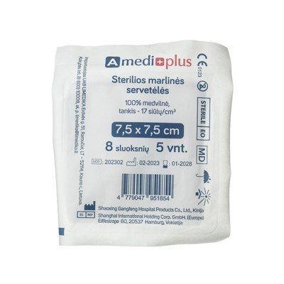 AMEDIPLUS, servetėlės sterilios marlinės, 8 sluoksnių N5, 7.5 x 7.5 cm