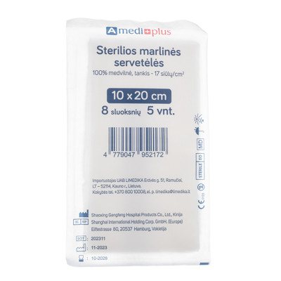 AMEDIPLUS, sterilios marlinės servetėlės, 10 8sl., 5 vnt, 20 cm