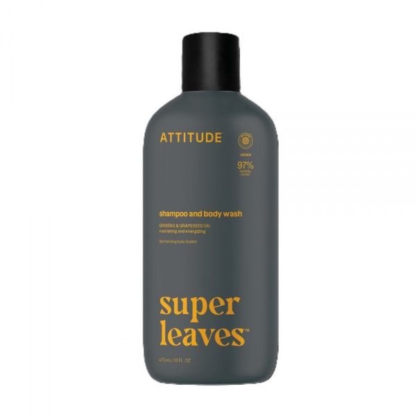 ATTITUDE šampūnas ir kūno prausiklis SUPER LEAVES GINSENG & GRAPESEED OIL, 473 ml
