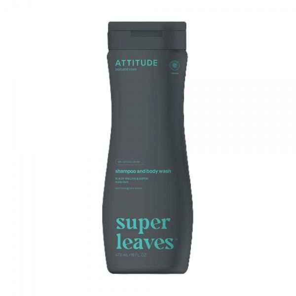 ATTITUDE šampūnas ir kūno prausiklis vyrams gelis SUPER LEAVES BLACK WILLOW & ASPEN, 473 ml
