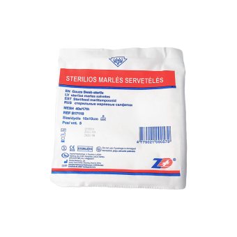 AZAS sterilios marlinės servetėlės (17 siūlų/kv. cm), 8 sluoksnių, 5 vnt., 10 x 10 cm