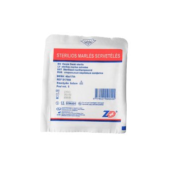 AZAS sterilios marlinės servetėlės (17 siūlų/kv. cm), 8 sluoksnių, 5 vnt., 5 x 5 cm