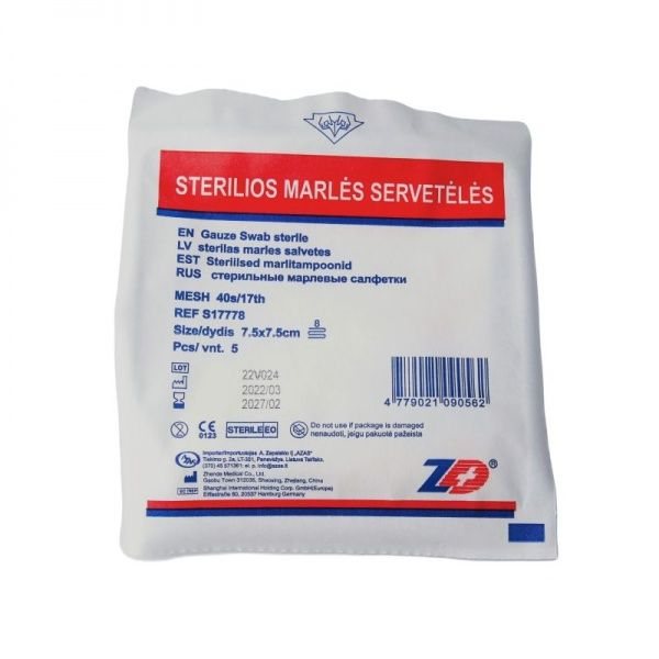 AZAS sterilios marlinės servetėlės, 8 sluoksnių, x 7,5 cm, 5 vnt., 7.5 cm