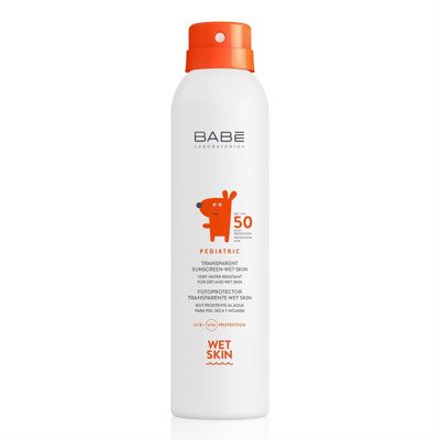 BABĒ PEDIATRIC WET SKIN, SPF 50, skaidri apsauginė dulksna drėgnai vaikų odai, 200 ml
