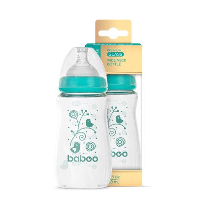 Baboo Anti-Colic Stiklinis Maitinimo Buteliukas, Plataus Kaklelio, 3+ Mėn, 250 ml