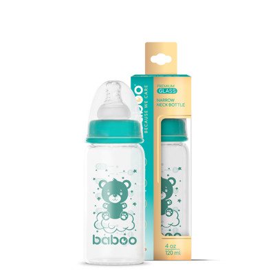 Baboo Anti-Colic Stiklinis Maitinimo Buteliukas, Siauro Kaklelio, 0+ Mėn, 120 ml