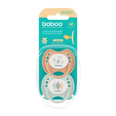 BABOO® Calmy lateksiniai ortodontiniai čiulptukai su sterilizavimo dėž., Peachy Keen, 0+ mėn, 2 vnt