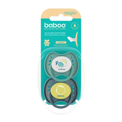 BABOO® Calmy silikoniniai ortodontiniai čiulptukai su sterili. dėž., Lagoon Fiesta, 6+ mėn, 2 vnt