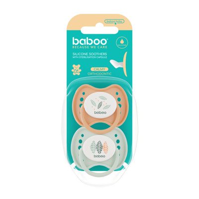 BABOO® Calmy silikoniniai ortodontiniai čiulptukai su sterili. dėž., Peachy Keen, 0+ mėn, 2 vnt