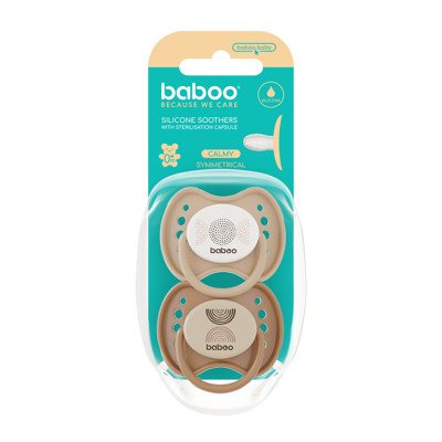 BABOO® Calmy silikoniniai simetriniai čiulptukai su sterili. dėž., Au Naturale, 0+ mėn, 2 vnt