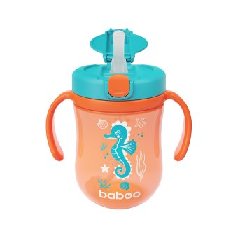 BABOO gertuvė su silikoniniu šiaudeliu ir svareliu SEALIFE, oranžinė spalva, nuo 9 mėn., 300 ml