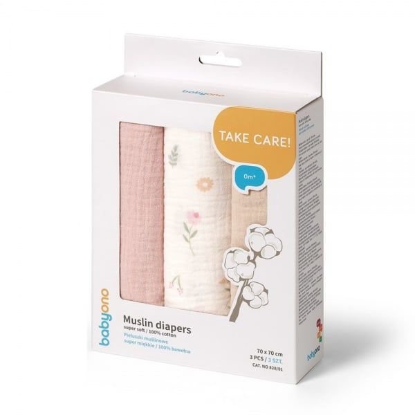 BABYONO medvilniniai vystyklai 828/01, rožinės, kreminės spalvos, 3 vnt