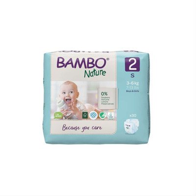 BAMBO NATURE, 2 dydis, ekologiškos sauskelnės, 3-, 30 vnt., 6 kg