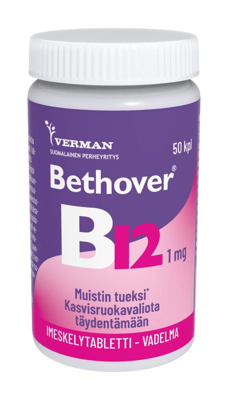 BETHOVER B12 - maisto papildas su vitaminu B12, aviečių skonio, su saldikliais, N50