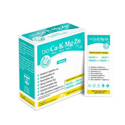 BIO Ca+K+Mg+Zn su vitaminu D3, milteliai, 28 paketėliai