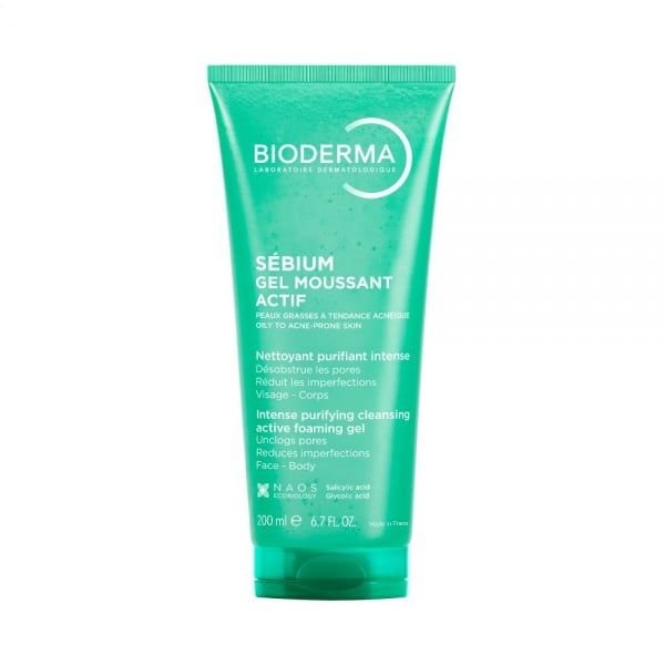 BIODERMA aktyvaus poveikio rūgštinis prausiklis riebiai, į spuogus linkusiai odai SÉBIUM GEL MOUSSANT ACTIF, 200 ml