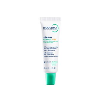 BIODERMA aukštos tolerancijos gelis-kremas nuo spuogų į aknę linkusiai odai, SÉBIUM KERATO+ SPF30, 30 ml