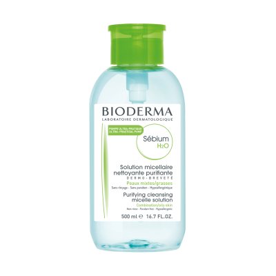 BIODERMA micelinis valomasis vanduo į spuogus linkusiai, riebiai ar mišriai odai Sébium H2O, su pompa, 500 ml