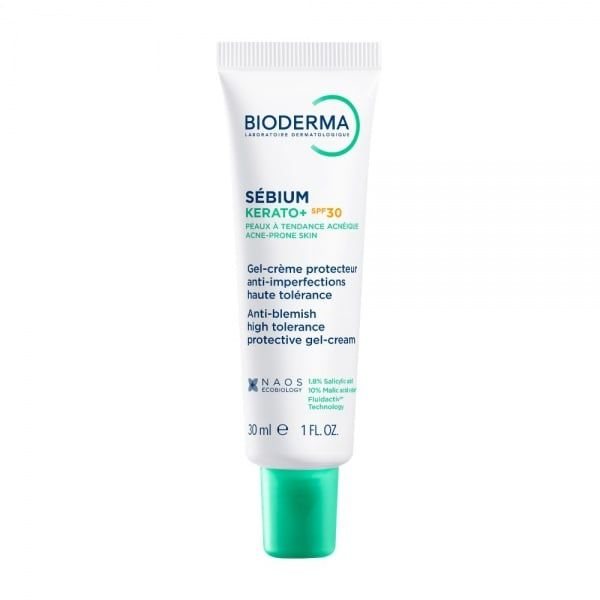 BIODERMA Sébium Kerato+ SPF30 aukštos tolerancijos gelis-kremas padedantis sumažinti spuogus, inkštirus ir po jų likusius randelius, 30 ml