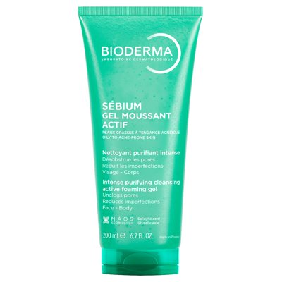 BIODERMA SEBIUM GEL MOUSSANT ACTIF, aktyvaus poveikio rūgštinis prausiklis riebiai, į spuogus linkusiai odai, 200 ml