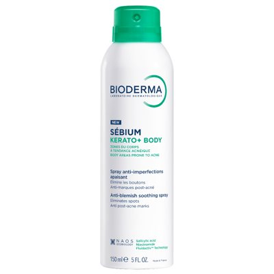 BIODERMA SEBIUM KERATO+ BODY, raminamasis kūno purškiklis nuo spuogų į aknę linkusiai odai, 150 ml