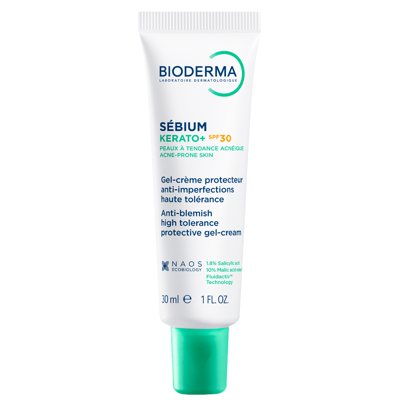 BIODERMA SEBIUM KERATO+ SPF30, gelis-kremas, padedantis sumažinti spuogus, inkštirus, ir po jų likusius randelius, 30 ml