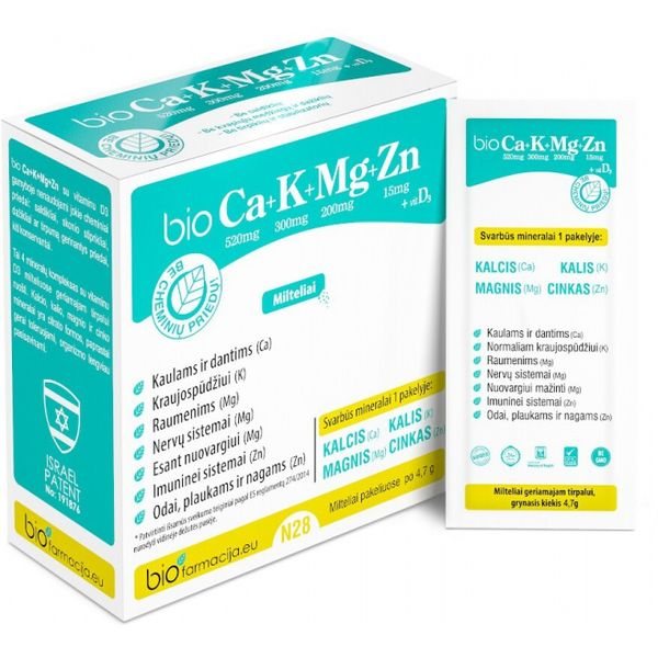 BIOFARMACIJA maisto papildas milteliais bioCa + K + Mg + Zn SU VITAMINU D3, 28 pak.