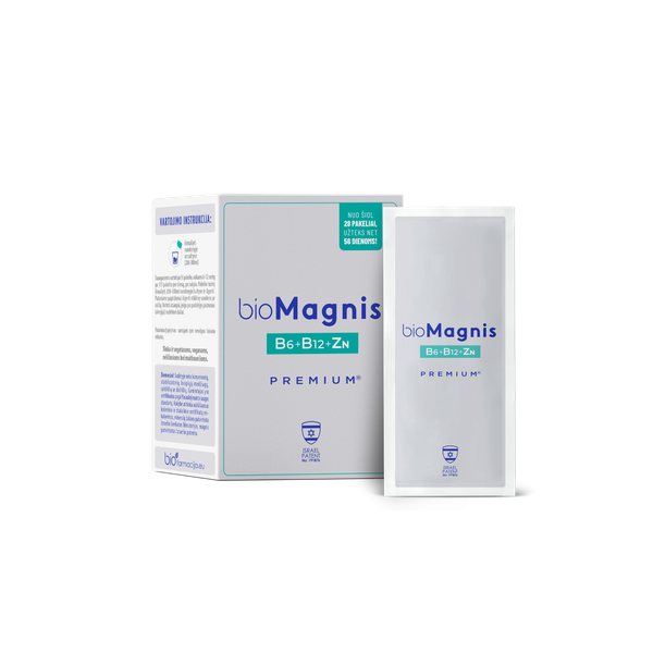 BIOFARMACIJA maisto papildas milteliais BIOMAGNIS PREMIUM + B6, B12 IR CINKAS, 28 pak.
