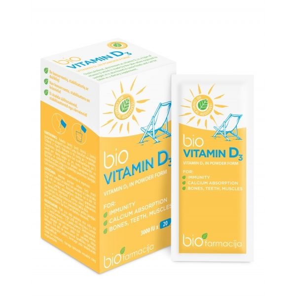 BIOFARMACIJA maisto papildas milteliais BIOVITAMINAS D3 3000 TV, 20 pak.