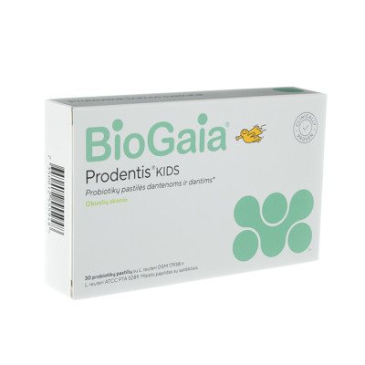 BIOGAIA PRODENTIS KIDS, obuolių skonio, nuo trejų metų amžiaus, 30 čiulpiamųjų tablečių