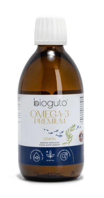 Bioguto Omega-3 Premium LEMON žuvų taukai, 300 ml
