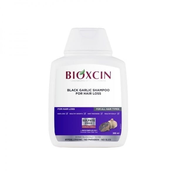 BIOXCIN šampūnas slenkantiems plaukams su juoduoju česnaku, 300 ml