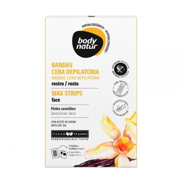 BODY NATUR depiliacinės vaško juostelės veidui, + 2 servetėlės, 12 vnt