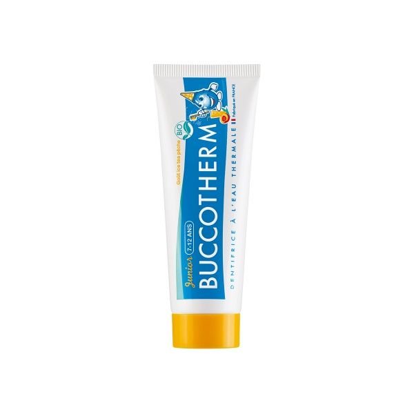 BUCCOTHERM ekologiška dantų pasta vaikams JUNIOR, 7-., persikų šalt. arbatos skonio, 50 ml, 12 m