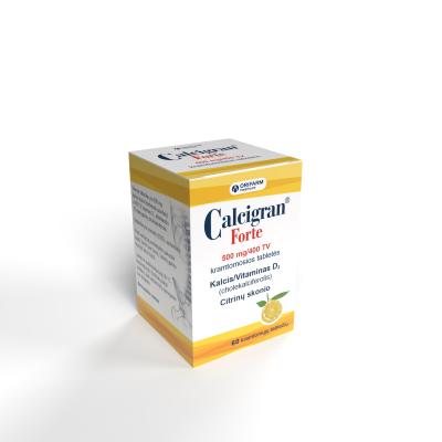 Calcigran Forte 500 mg/400 TV kramtomosios citrinų skonio tabletės N60