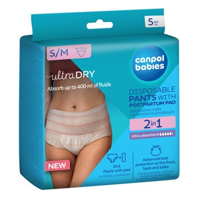 CANPOL BABIES 78/011, vienkartinės kelnaitės su įklotu po gimdymo, 2in1, S/M dydis, 5 vnt