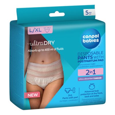 CANPOL BABIES 78/012, vienkartinės kelnaitės su įklotu po gimdymo, 2in1, L/XL dydis, 5 vnt