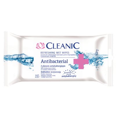 CLEANIC ANTIBACTERIAL drėgnos antibakterinės servetėlės, 15 vnt