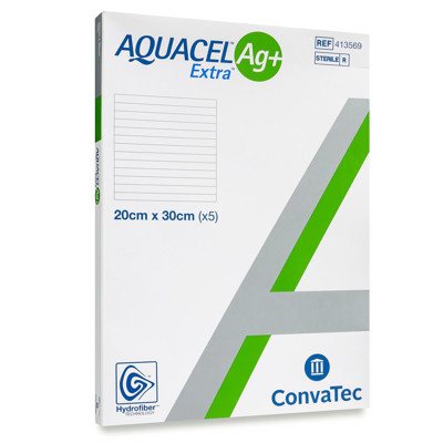 CONVATEC AQUACEL AG+ EXTRA, tvarstis, 5 vnt., 20 x 30 cm