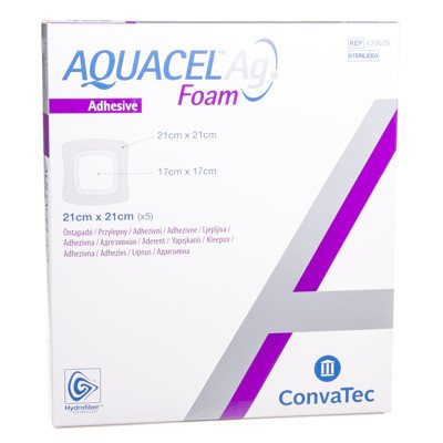 CONVATEC AQUACEL AG FOAM ADHESIVE, tvarstis, 5 vnt., 21 x 21 cm
