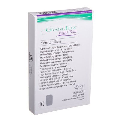 CONVATEC GRANUFLEX EXTRA THIN, hidrokoloidinis tvarstis, 10 vnt., 5 x 10 cm